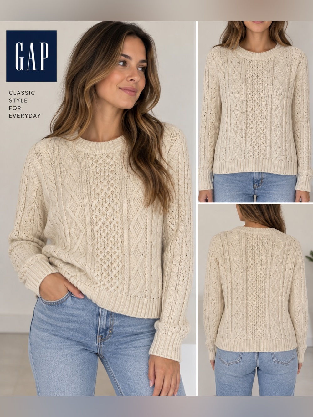 GAP 100% Cotton Cream Cable Knit Sweater Large L Crewneck